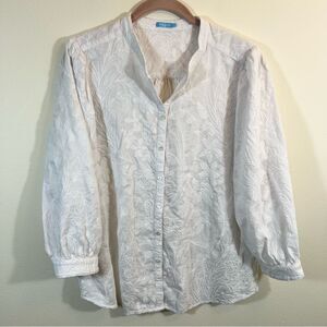 ✨ J. McLaughlin Floral Embroidered Cotton/Silk Blend Top Button Up Large White